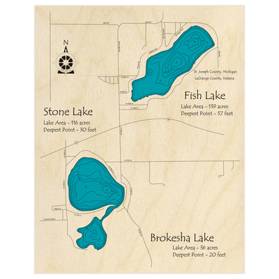 Bathymetric topo map of Fish Lake (With Stone and Brokesha Lakes) with roads, towns and depths noted in blue water