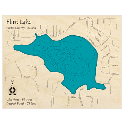 Bathymetric topo map of Flint Lake with roads, towns and depths noted in blue water