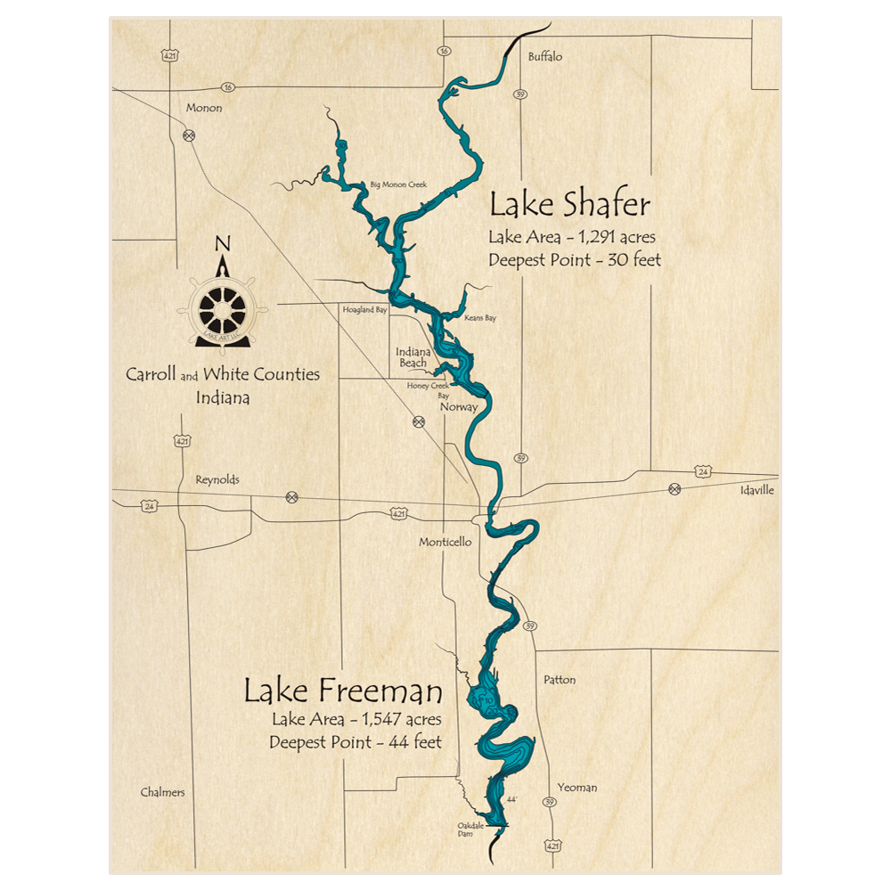 Bathymetric topo map of Lake Shafer and Lake Freeman with roads, towns and depths noted in blue water
