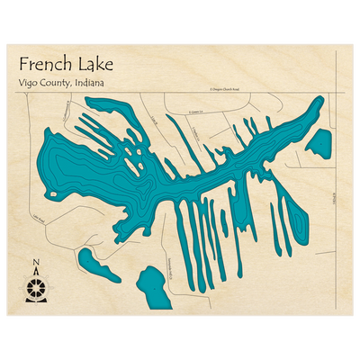Bathymetric topo map of French Lake  with roads, towns and depths noted in blue water
