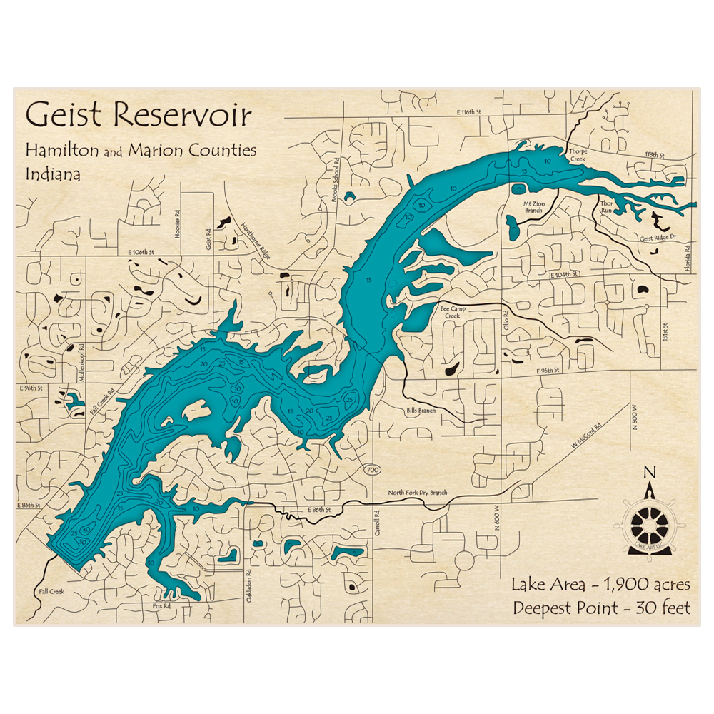 Bathymetric topo map of Geist Reservoir with roads, towns and depths noted in blue water