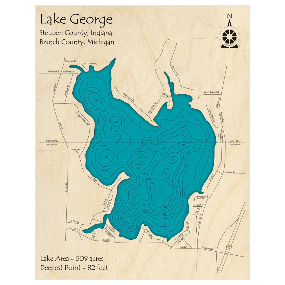 Bathymetric topo map of Lake George with roads, towns and depths noted in blue water