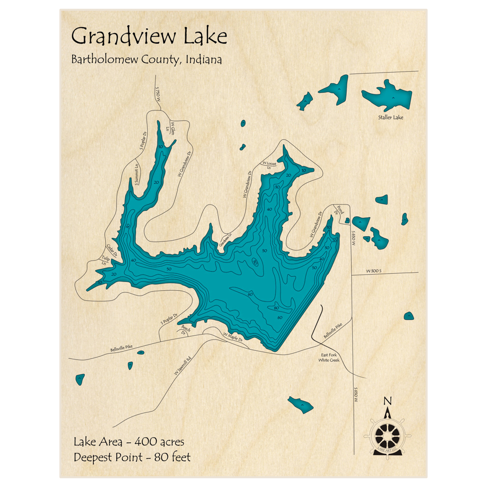 Bathymetric topo map of Grandview Lake with roads, towns and depths noted in blue water