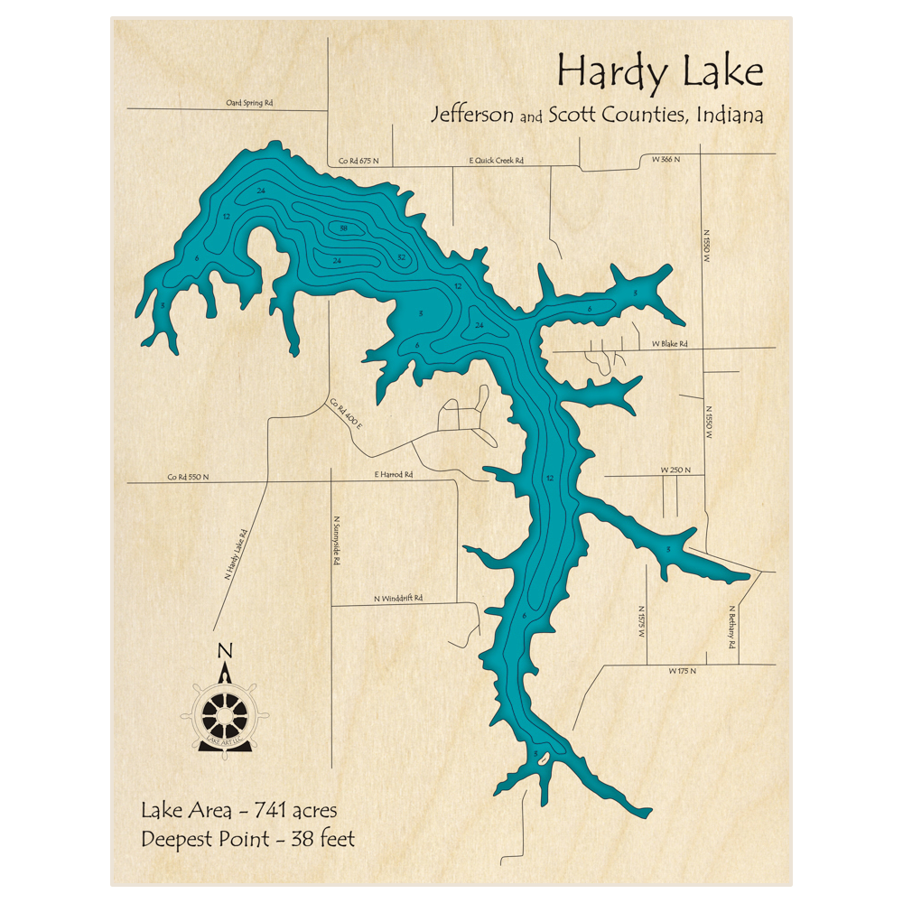 Bathymetric topo map of Hardy Lake with roads, towns and depths noted in blue water
