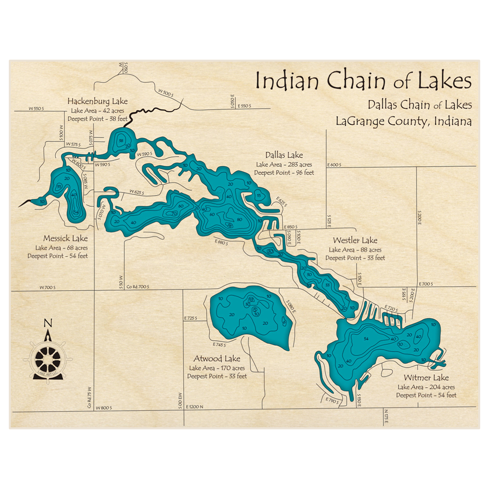 Bathymetric topo map of Indian Chain of Lakes (Dallas Chain of Lakes) with roads, towns and depths noted in blue water