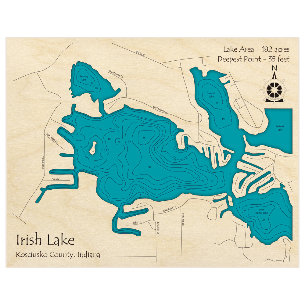 Bathymetric topo map of Irish Lake with roads, towns and depths noted in blue water