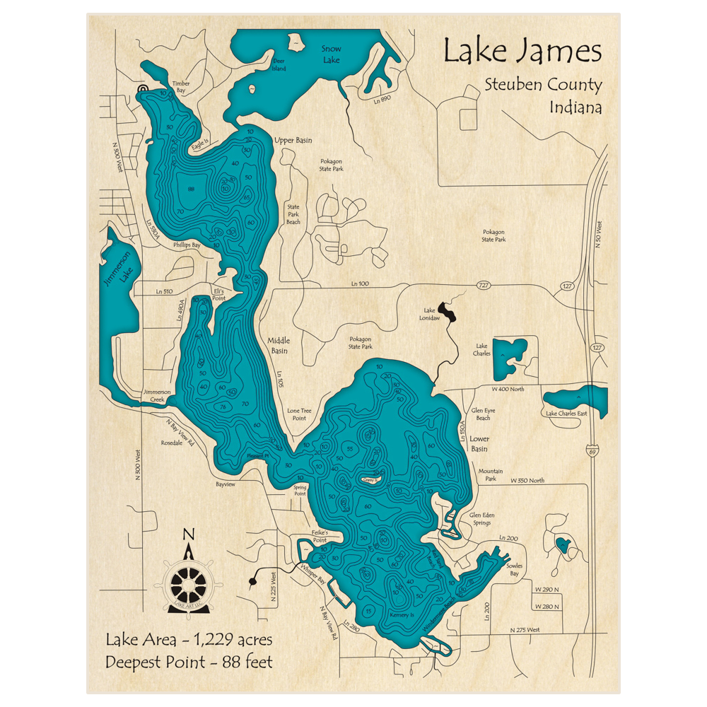 Bathymetric topo map of Lake James with roads, towns and depths noted in blue water