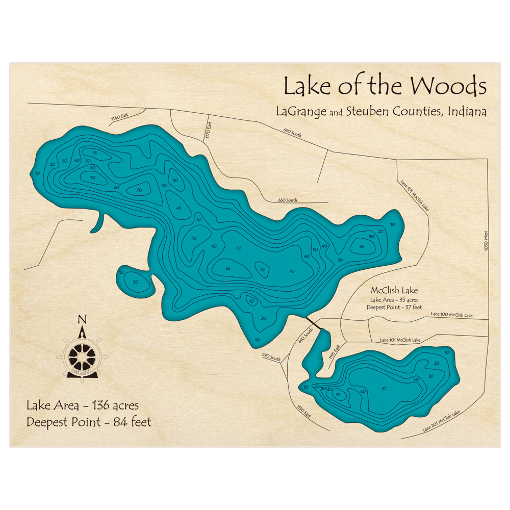 Bathymetric topo map of Lake of the Woods (With McClish Lake) with roads, towns and depths noted in blue water