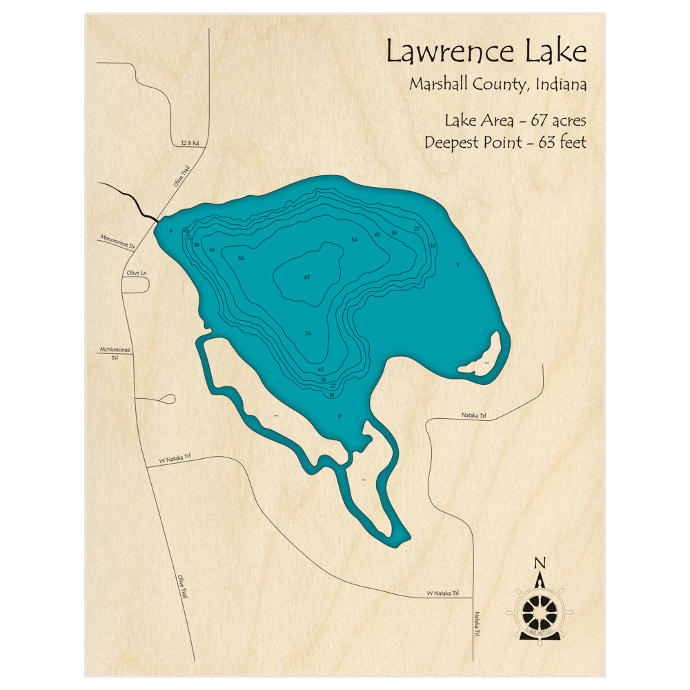 Bathymetric topo map of Lawrence Lake with roads, towns and depths noted in blue water