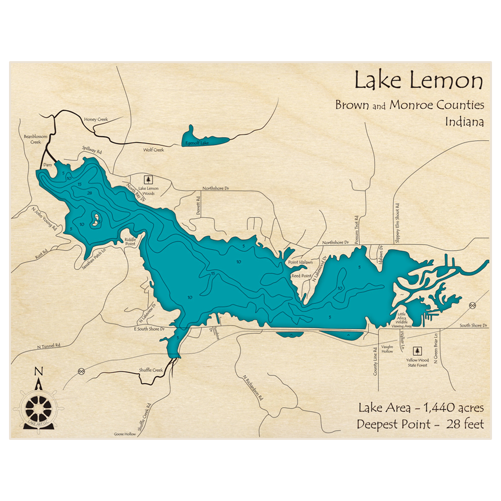Bathymetric topo map of Lake Lemon with roads, towns and depths noted in blue water