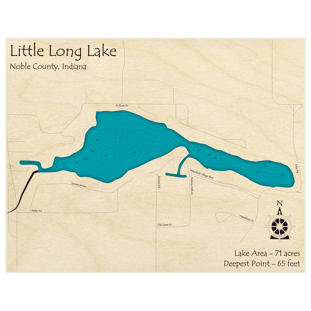 Bathymetric topo map of Little Long Lake with roads, towns and depths noted in blue water