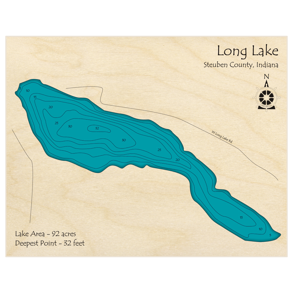 Bathymetric topo map of Long Lake with roads, towns and depths noted in blue water