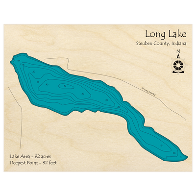 Bathymetric topo map of Long Lake with roads, towns and depths noted in blue water