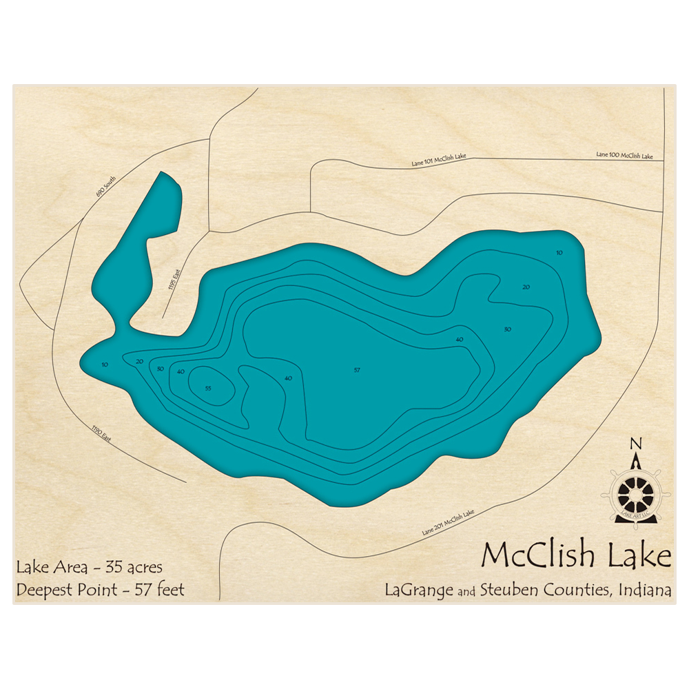 Bathymetric topo map of McClish Lake with roads, towns and depths noted in blue water
