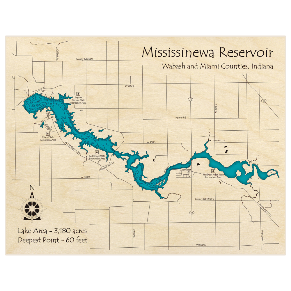 Bathymetric topo map of Mississinewa Reservoir with roads, towns and depths noted in blue water