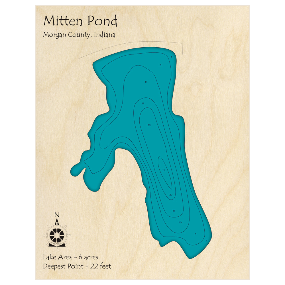 Bathymetric topo map of Mitten Pond with roads, towns and depths noted in blue water