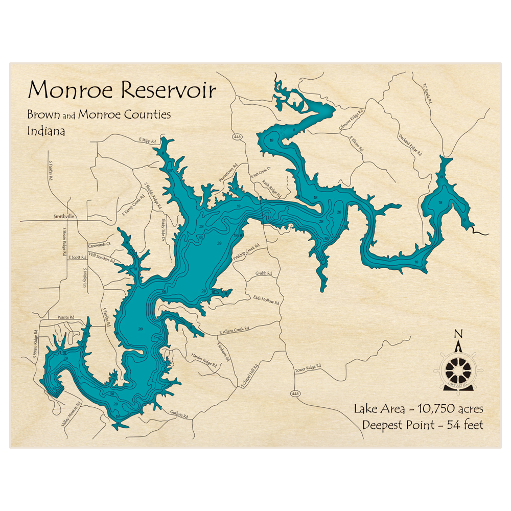 Bathymetric topo map of Monroe Reservoir with roads, towns and depths noted in blue water