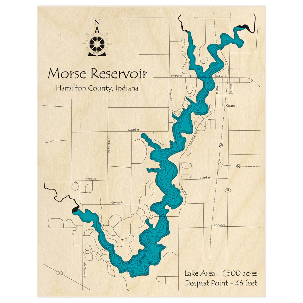 Bathymetric topo map of Morse Reservoir with roads, towns and depths noted in blue water