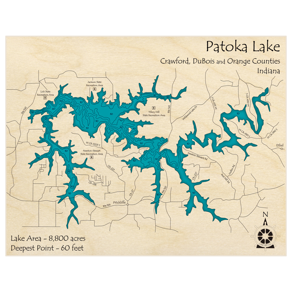 Bathymetric topo map of Patoka Lake with roads, towns and depths noted in blue water