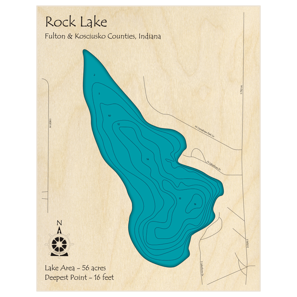 Bathymetric topo map of Rock Lake with roads, towns and depths noted in blue water