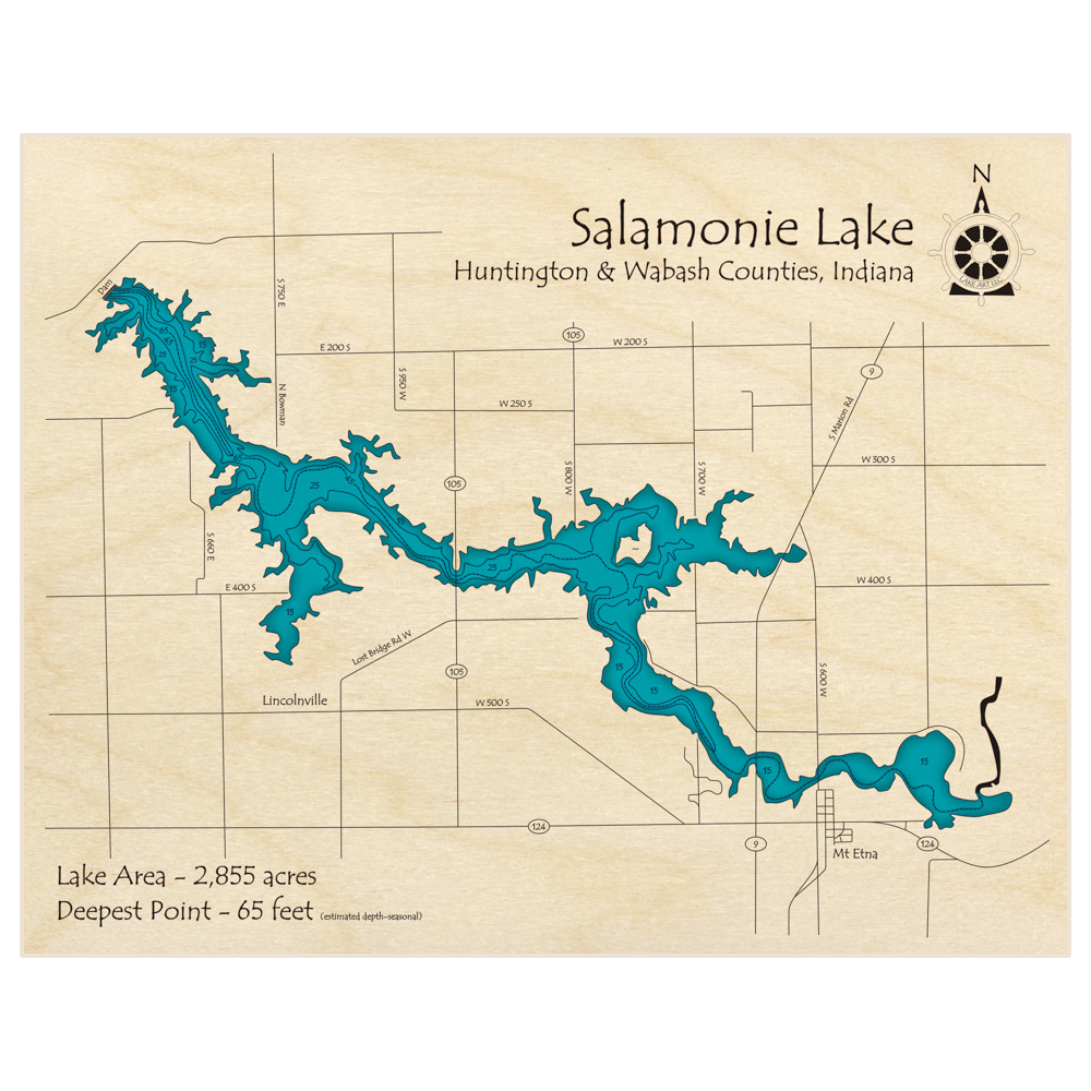 Bathymetric topo map of Salamonie Lake with roads, towns and depths noted in blue water