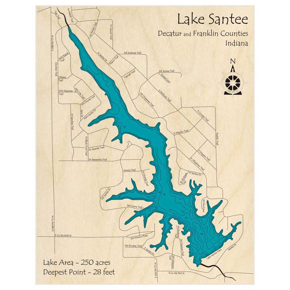 Bathymetric topo map of Lake Santee with roads, towns and depths noted in blue water