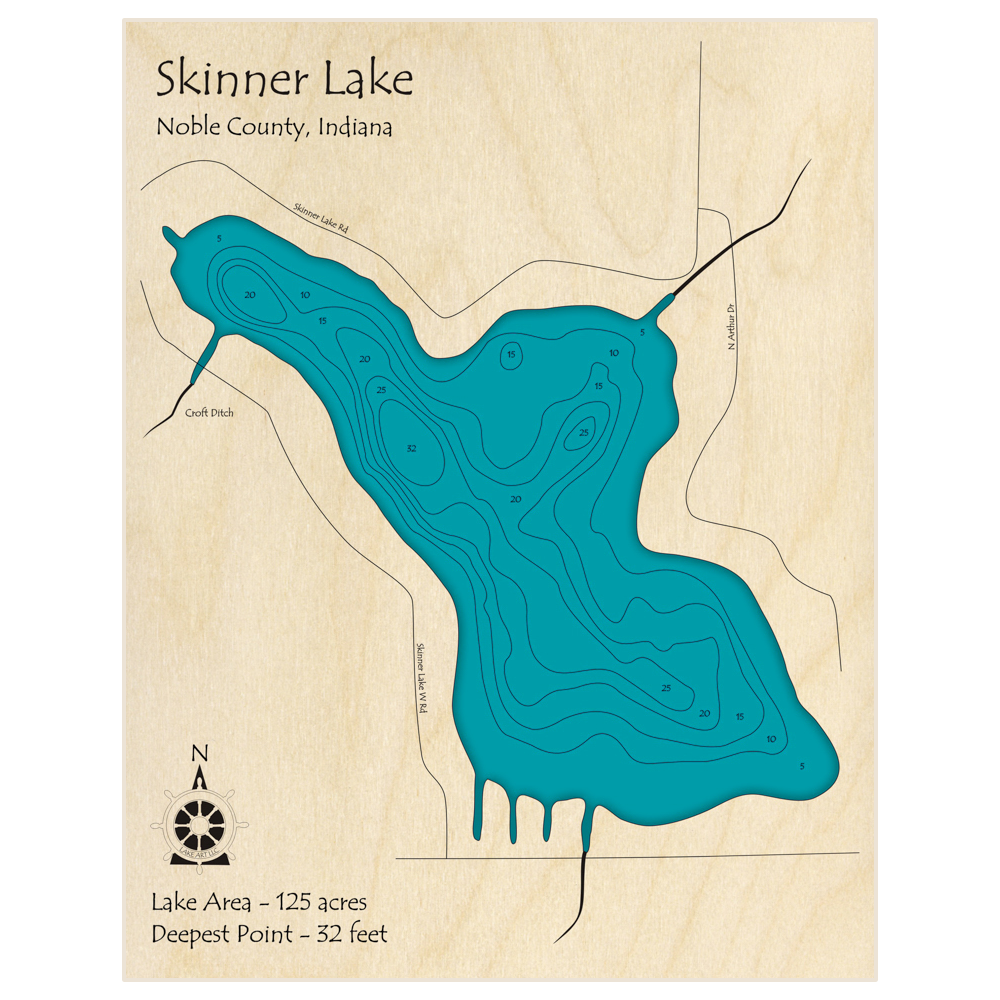 Bathymetric topo map of Skinner Lake with roads, towns and depths noted in blue water