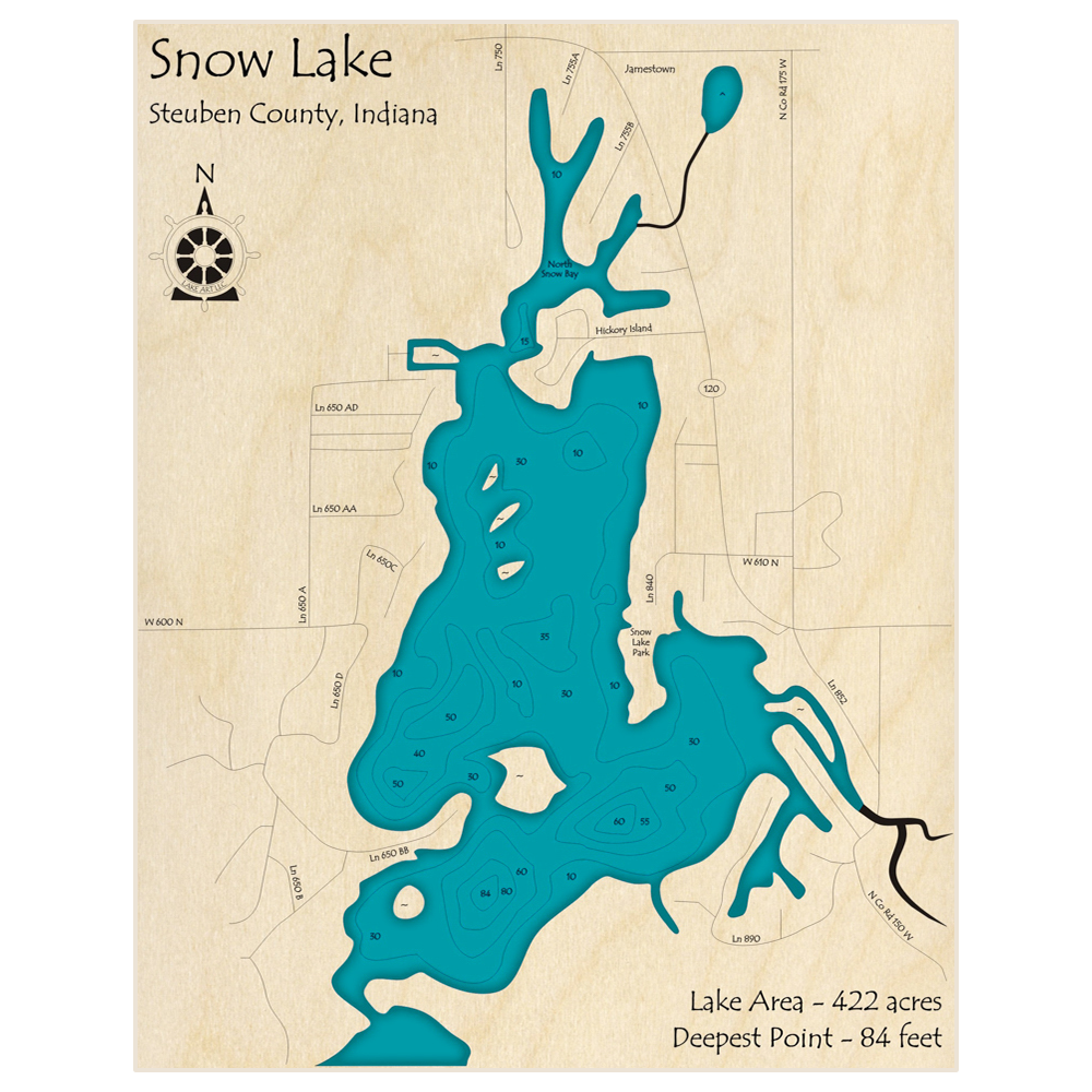 Bathymetric topo map of Snow Lake with roads, towns and depths noted in blue water
