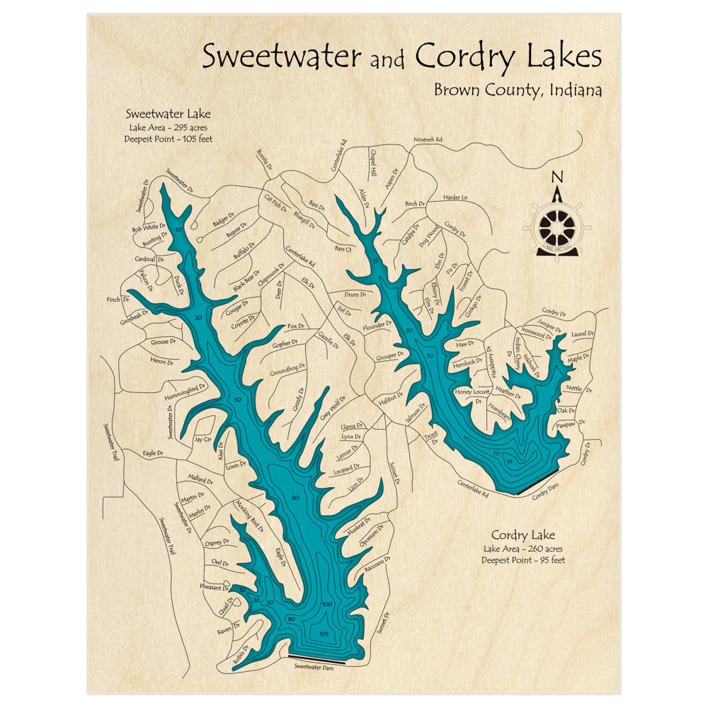 Bathymetric topo map of Sweetwater Lake (With Cordry Lake) with roads, towns and depths noted in blue water