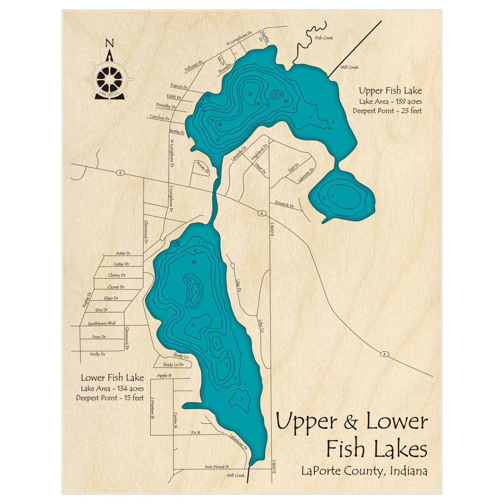 Bathymetric topo map of Upper and Lower Fish Lakes with roads, towns and depths noted in blue water