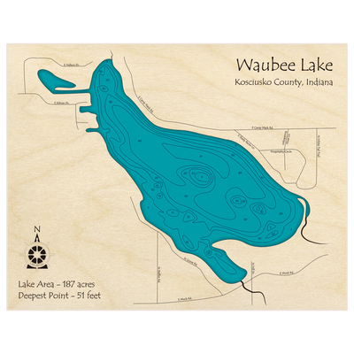 Bathymetric topo map of Waubee Lake with roads, towns and depths noted in blue water