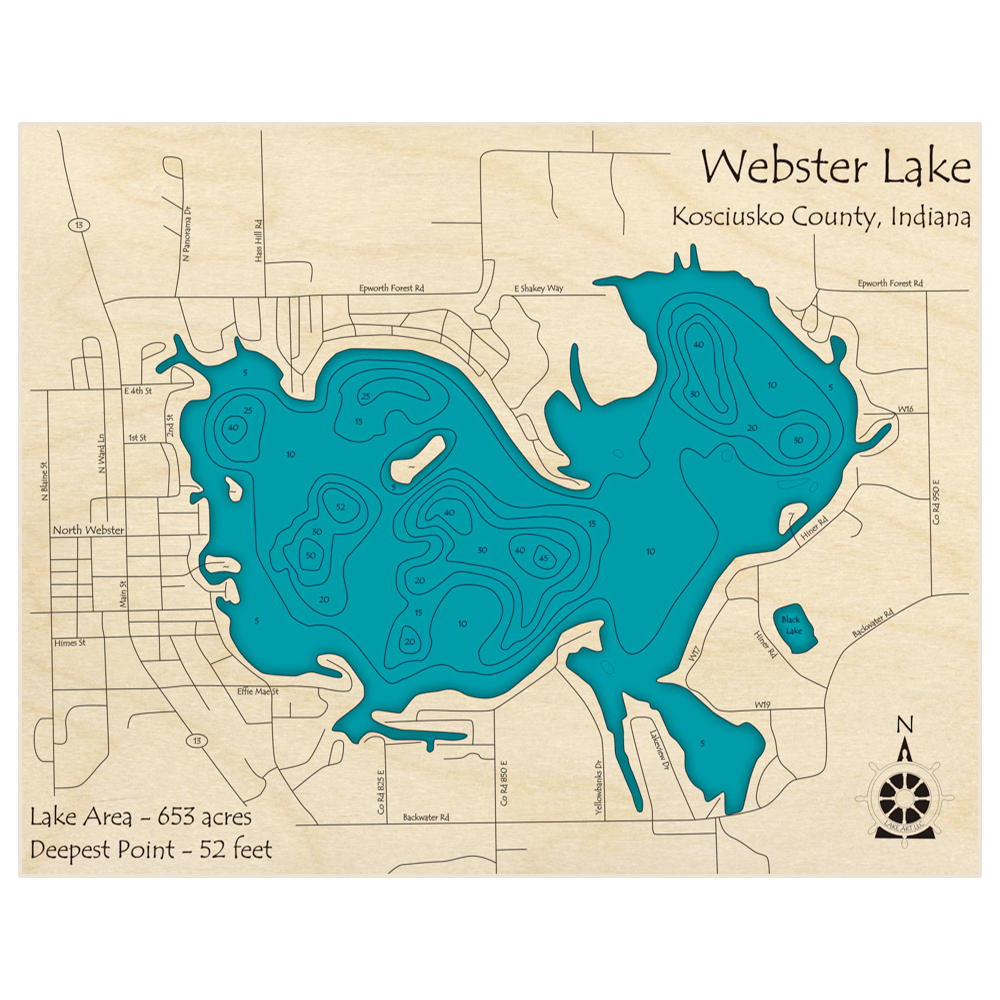 Bathymetric topo map of Webster Lake with roads, towns and depths noted in blue water