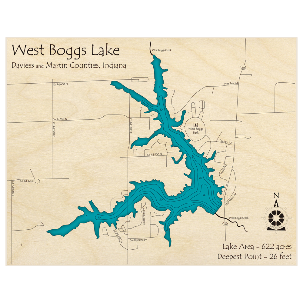 Bathymetric topo map of West Boggs Lake with roads, towns and depths noted in blue water