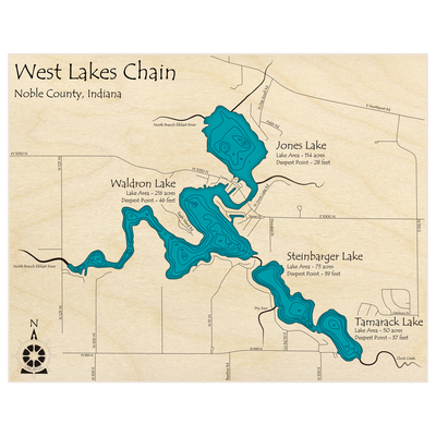 Bathymetric topo map of West Lakes Chain (Waldron Jones Steinbarger and Tamarack Lakes) with roads, towns and depths noted in blue water