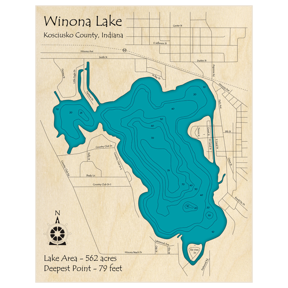 Bathymetric topo map of Winona Lake with roads, towns and depths noted in blue water