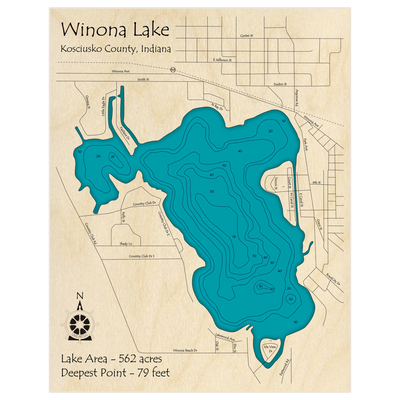 Bathymetric topo map of Winona Lake with roads, towns and depths noted in blue water