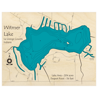 Bathymetric topo map of Witmer Lake with roads, towns and depths noted in blue water