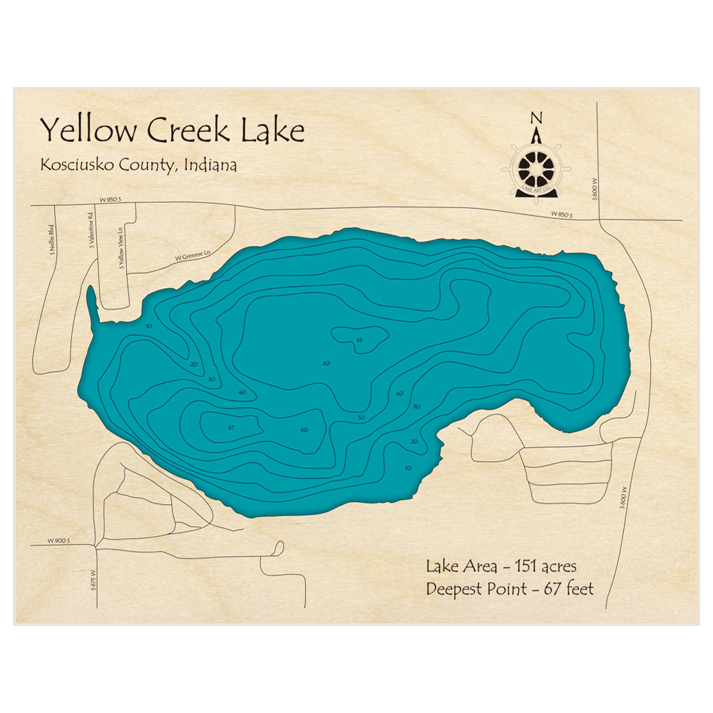 Bathymetric topo map of Yellow Creek Lake with roads, towns and depths noted in blue water