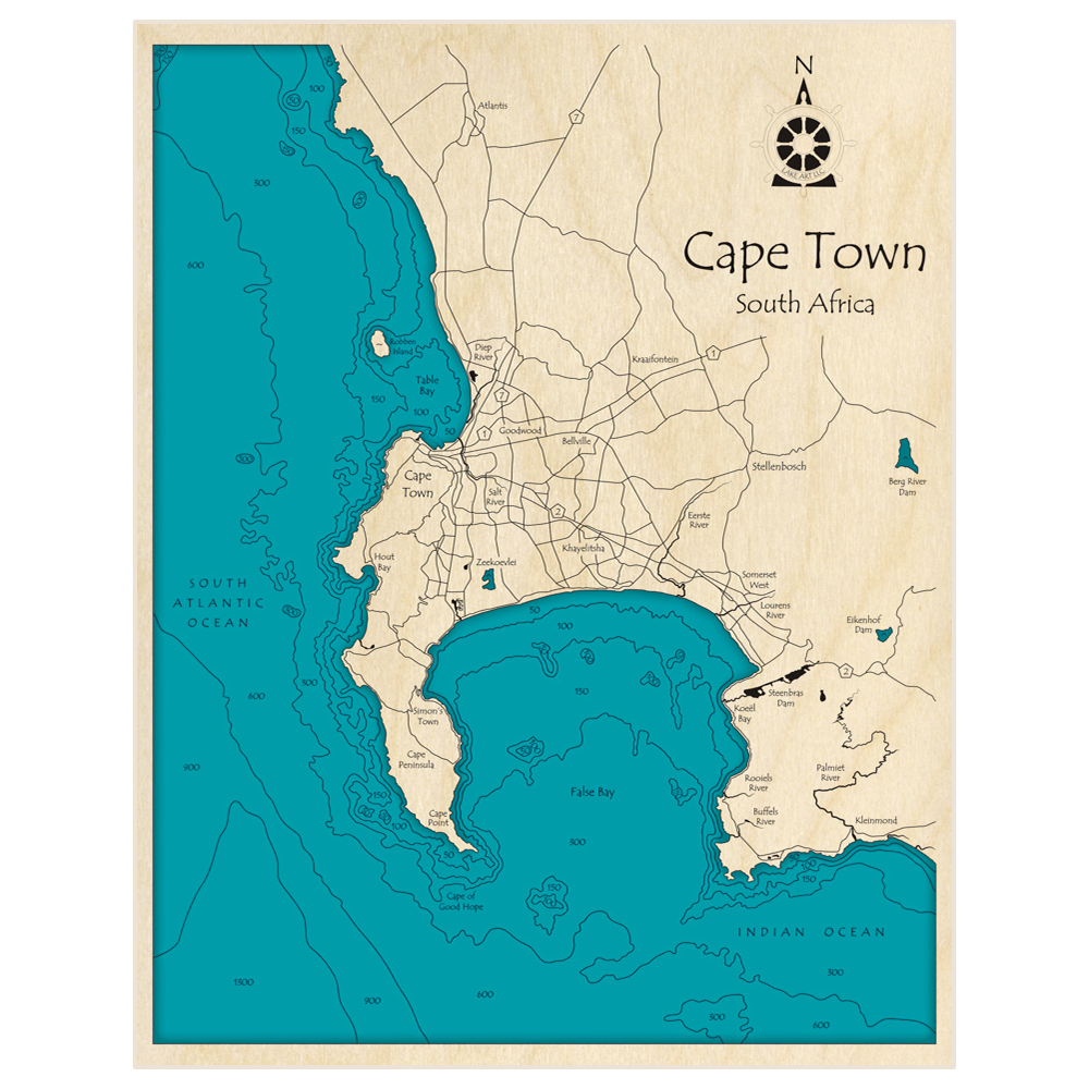 Bathymetric topo map of Cape Town with roads, towns and depths noted in blue water