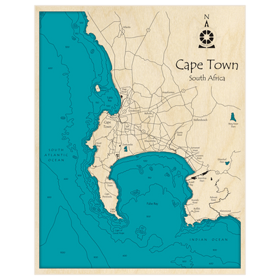 Bathymetric topo map of Cape Town with roads, towns and depths noted in blue water