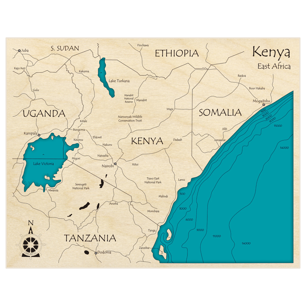 Bathymetric topo map of Kenya (Shows parts of Surrounding Countries and Lake Victoria) with roads, towns and depths noted in blue water