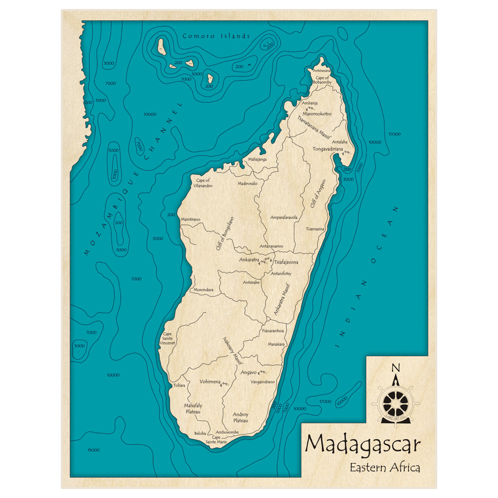 Bathymetric topo map of Madagascar with roads, towns and depths noted in blue water