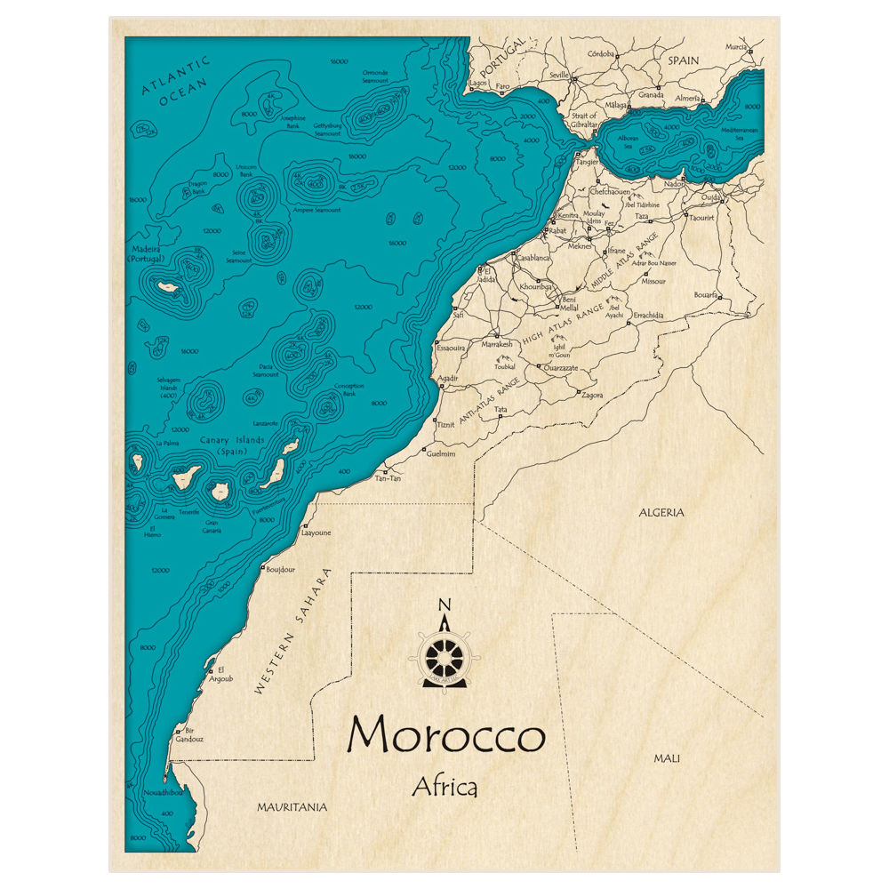 Bathymetric topo map of Morocco with roads, towns and depths noted in blue water