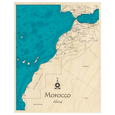 Bathymetric topo map of Morocco with roads, towns and depths noted in blue water