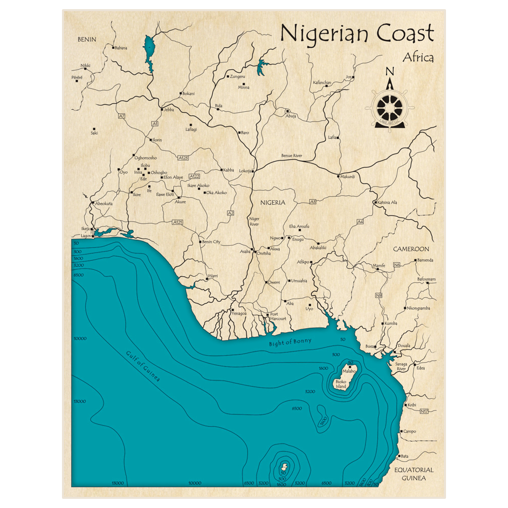 Bathymetric topo map of Coast of Nigeria with roads, towns and depths noted in blue water