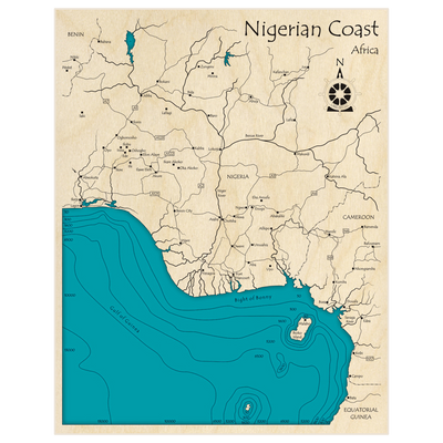 Bathymetric topo map of Coast of Nigeria with roads, towns and depths noted in blue water