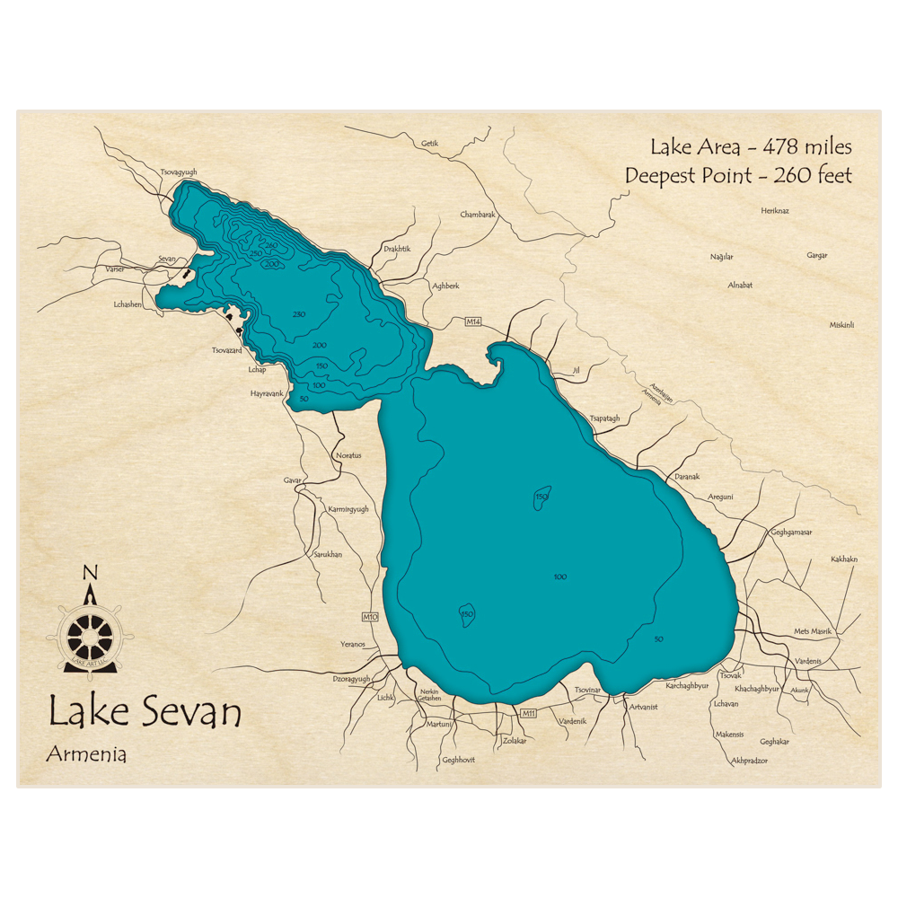 Bathymetric topo map of Lake Sevan with roads, towns and depths noted in blue water