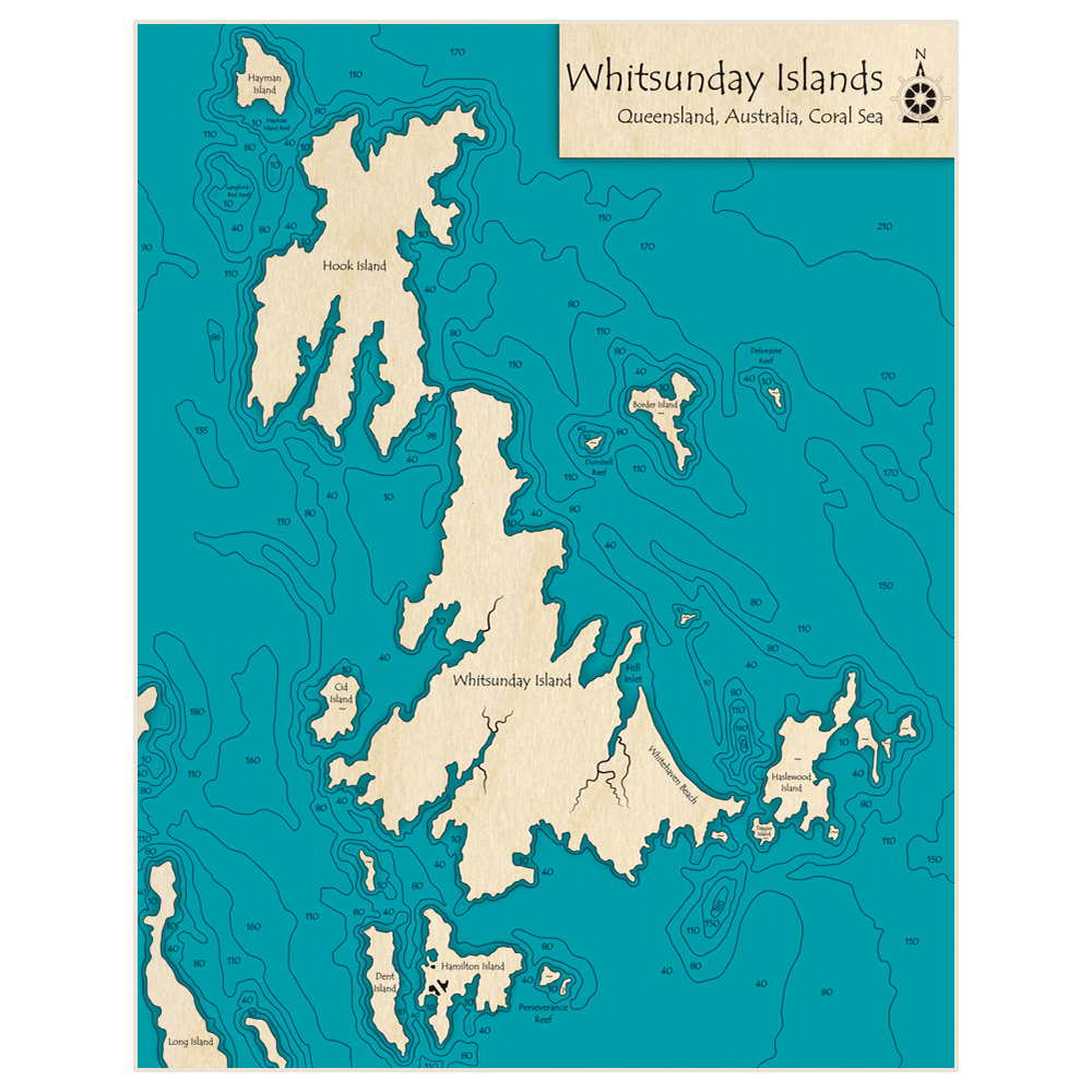Bathymetric topo map of Whitsunday Islands with roads, towns and depths noted in blue water