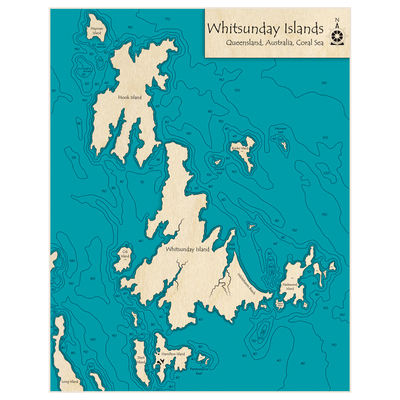 Bathymetric topo map of Whitsunday Islands with roads, towns and depths noted in blue water
