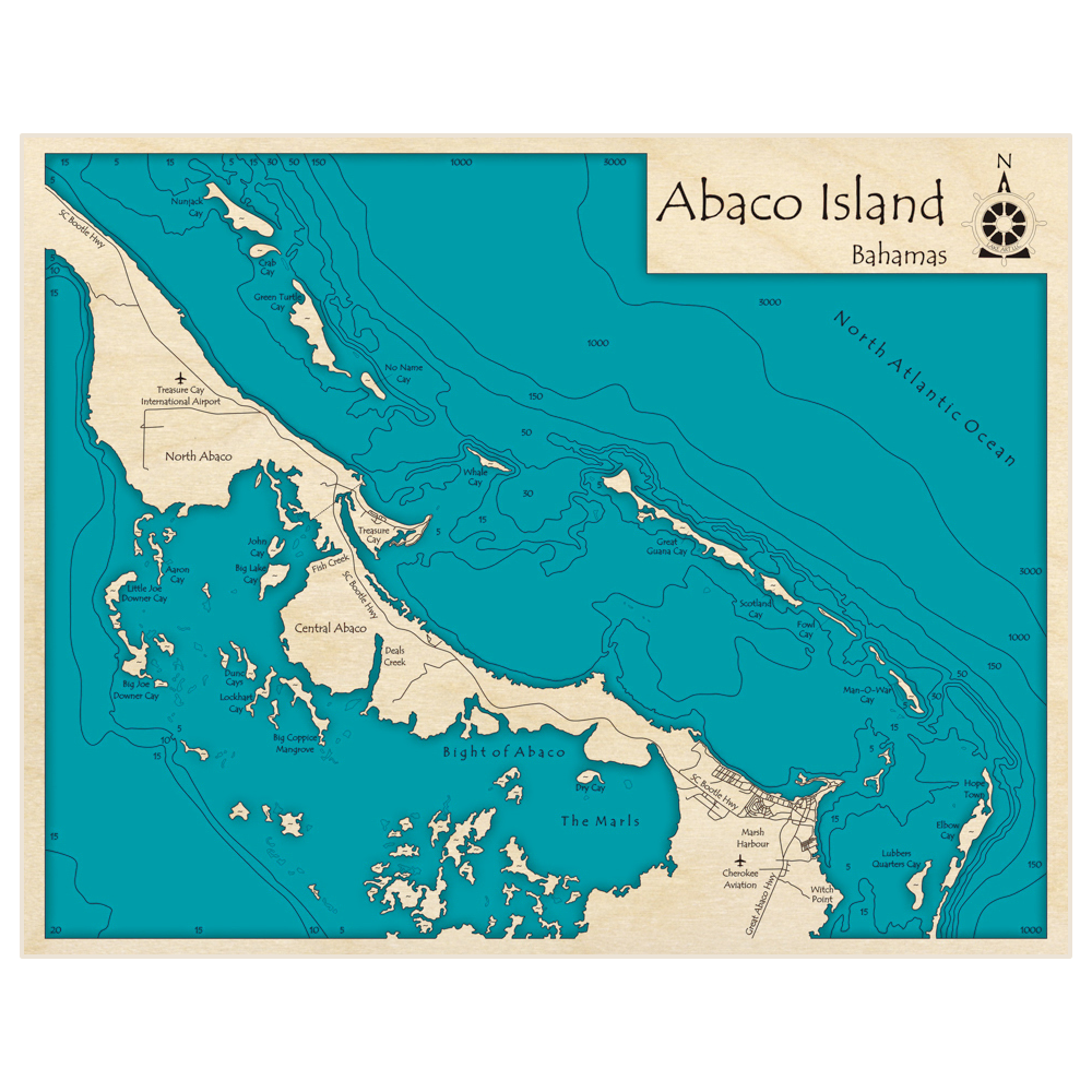 Bathymetric topo map of Abaco Island with roads, towns and depths noted in blue water